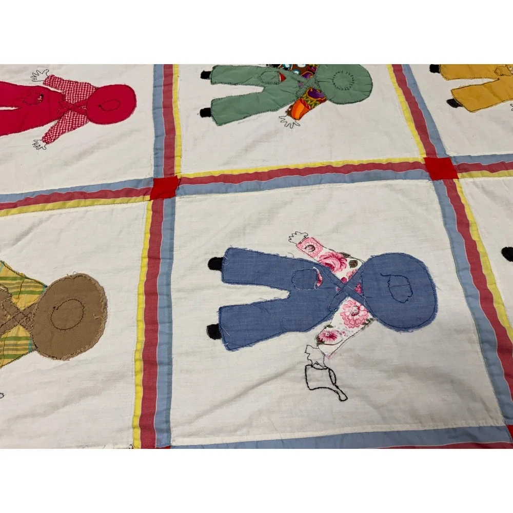 Vintage Handmade Sunbonnet Sue Overall Sam Applique Quilt Multi Color 86x68